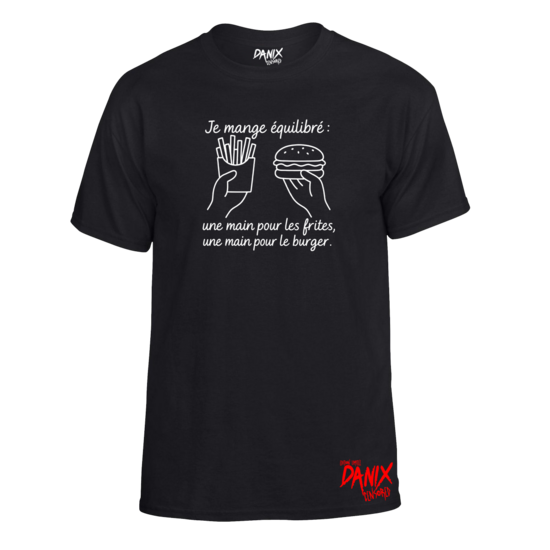 Tshirt Je mange équilibré : une main pour les frites, une main pour le burger